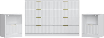 3-Piece Modern Bedroom Furniture Set, Wide 8-Drawer Dresser & 1-Drawer Nightstands Set of 2, Natural Wood Dresser and Nightstand Sets for Bedroom, Hallway, White