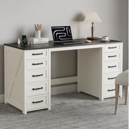 WOPITUES 60" Farmhouse Home Office Desk with 10 Wooden Drawers, Rustic Computer Writing Desk with Power Outlets, Large Executive Desk with Storage Cabinet for Work Study Writing, Black & White