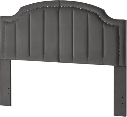 24KF Velvet Fabric Upholstered Queen/Full Headboard with Nail Trims,Modern Vertical Channel Design with Curved Headboard,6052-Q-Dark Gray