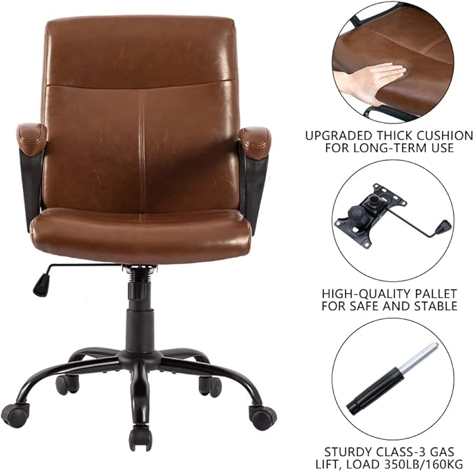 DYHOME Leather Office Chair Brown Desk Chair with Armrest, Ergonomic Computer Chair Mid Back, Mid Century Modern Home Office Desk Chair with 30° Tilting Backrest, Capacity 400lbs