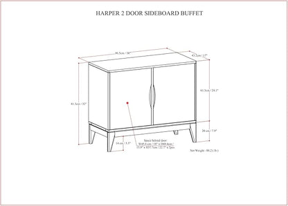 SIMPLIHOME Harper Buffet - 38 inch Wide Solid Hardwood 2-Door Sideboard Buffet in Walnut Brown, Mid-Century Modern Cabinet for Dining Room or Kitchen with Adjustable Shelves and Tapered Legs