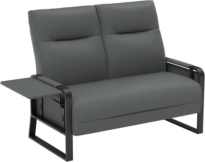 Faux Leather Loveseat Couch for Living Room Bedroom Office, Small Sofa 2 Seater Couch with Flip Up Tray Table Side Pockets Leather Loveseats, Gray