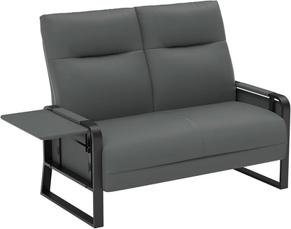 Faux Leather Loveseat Couch for Living Room Bedroom Office, Small Sofa 2 Seater Couch with Flip Up Tray Table Side Pockets Leather Loveseats, Gray