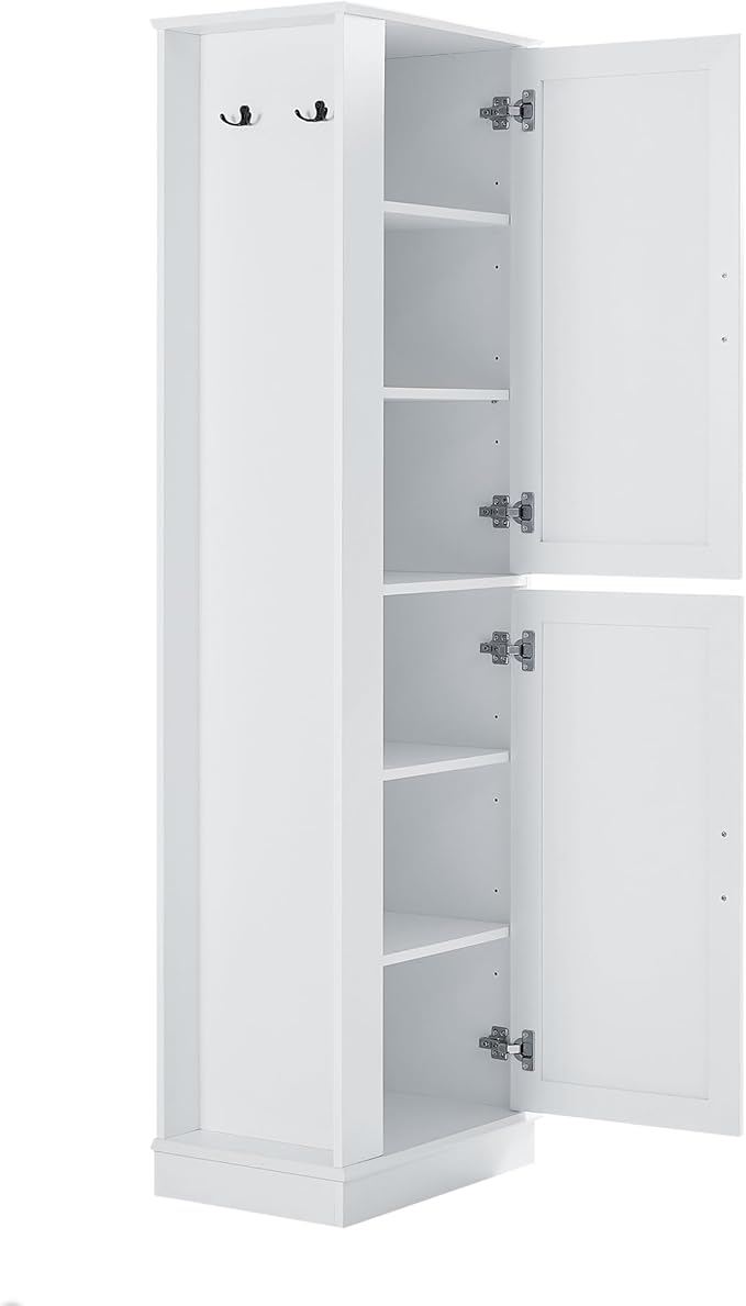Tall Storage Cabinet, Bathroom Floor Freestanding Storage Cabinet with Hook and Adjustable Shelf for Bathroom, Office, Living Room, White