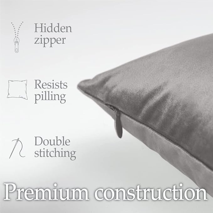 lalaLOOM Velvet Throw Pillow Covers, Set of 2, 18x18 Decorative Square Pillows Home Decor, Soft Accent Cases, Silky Machine Washable Pillowcases for Sofa, Couch, Bedroom, Living Room, Dark Gray