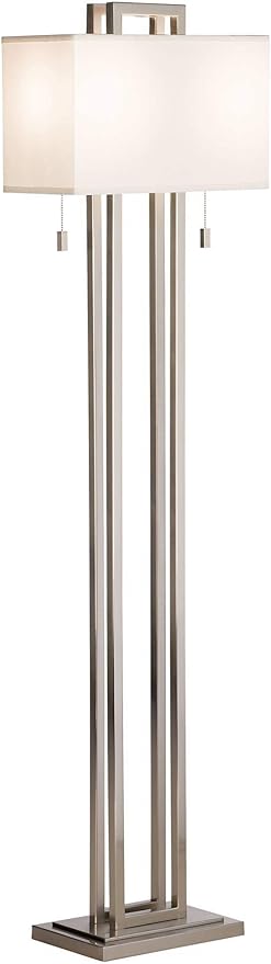 Possini Euro Design Modern Standing Floor Lamp Double Tier 62" Tall Brushed Nickel Silver Openwork Rectangular Off White Fabric Shade Decor for Living Room Reading House Bedroom Home