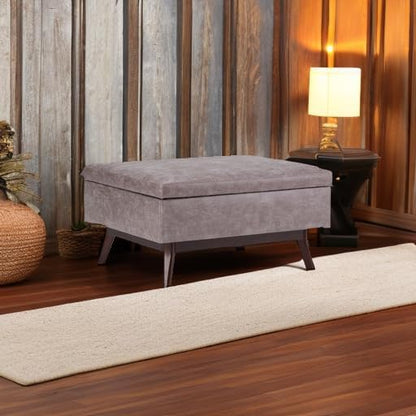 SIMPLIHOME Owen 34 inch Wide Mid Century Modern Rectangle Coffee Table Storage Ottoman in Distressed Grey Taupe Vegan Faux Leather, Assembled, for the Living Room, Entryway and Family Room