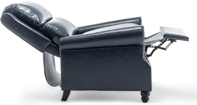 Pushback Recliner Chair, Faux Leather Wingback Recliner Chair, Upholstered Armchair Push Back Recliner with Wood Legs, Rivet Trim Single Sofa Accent Chair for Living Room, Bedroom, Navy