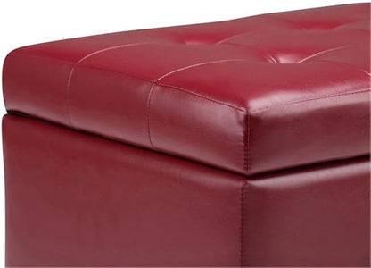 SIMPLIHOME Cosmopolitan 34 inch Wide Transitional Rectangle Storage Ottoman in Red Vegan Faux Leather, Assembled, For the Living Room, Entryway and Family Room