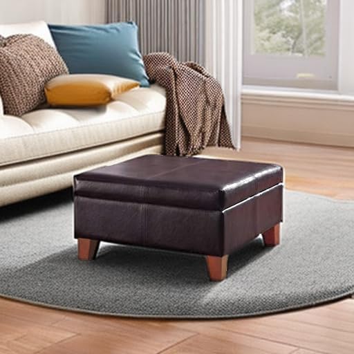 HomePop Faux Leather Square Storage Ottoman with Wood Legs, Distressed Brown