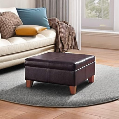 HomePop Faux Leather Square Storage Ottoman with Wood Legs, Distressed Brown