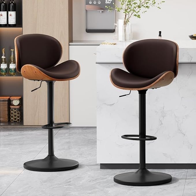 Furniliving Adjustable Bar Stools Set of 2, Swivel Bentwood Barstools Counter Height Bar Stools, Ergonomic Modern Bar Stools with Back Upholstered Barstools for Dining Room, Kitchen, Bar, Brown, PU