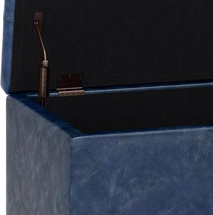 SIMPLIHOME Cosmopolitan Storage Ottoman - 34 inch Wide Upholstered Vegan Leather Rectangle Storage Ottoman Bench in Denim Blue, Transitional Tufted Ottoman for Living Room or Entryway with Lift-Up Lid