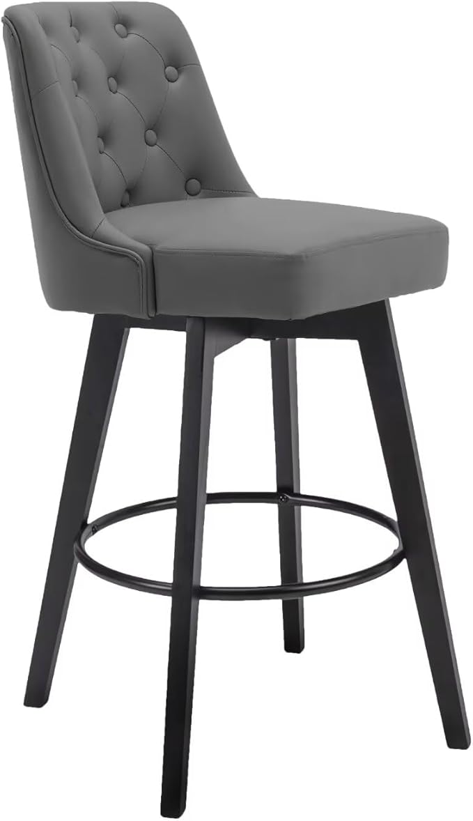 MINCETA Bar Stool, PU Leather Barstool, 30 Inch Upholstered Counter Stool with Low Tufted Back and Footrest, Swivel Counter Height Barstool for Kitchen Island Home Bar Dark Gray