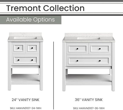 Hanover Tremont 24'' Vanity Cabinet with Sink Combo for Bathroom, Powder Room | Pre-Assembled Cabinet | 1 Drawer, Bottom Shelf | Artificial Stone Countertop | White Cabinet | HANVN0107-24-1WH