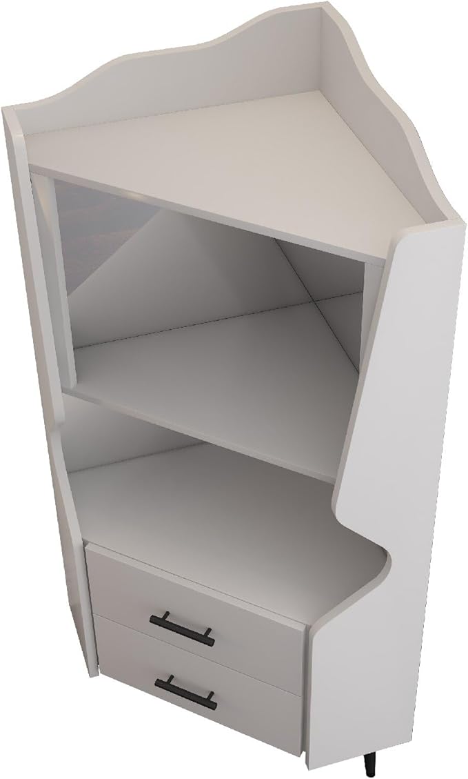 YUNKE Novelty Wooden Cabinet, White Corner Table with 2 Open Shelves and 2 Drawers, Commonly Used in Living Room, Home Office, Study Room and Dinning Room