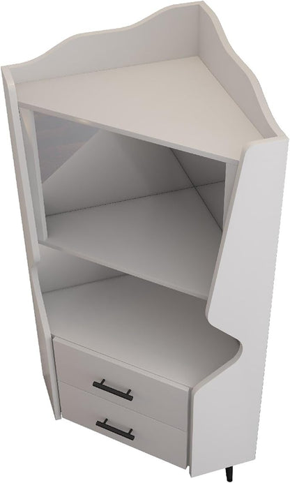 YUNKE Novelty Wooden Cabinet, White Corner Table with 2 Open Shelves and 2 Drawers, Commonly Used in Living Room, Home Office, Study Room and Dinning Room