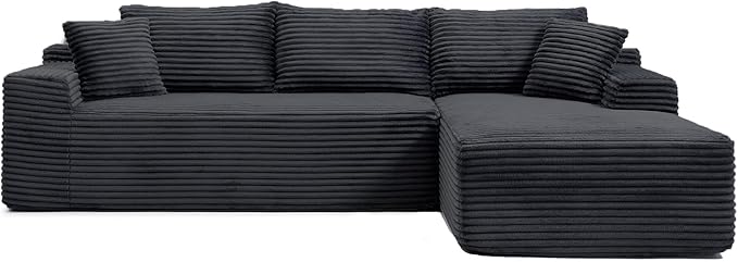 95 Inch Cloud Sectional Couch,Modular Sectional Sofa with Deep Seat,Modern Corduroy Boneless Couches with L-Shape Chaise for Living Room Bedroom,No Assembly Required (Black, Right Facing Chaise)