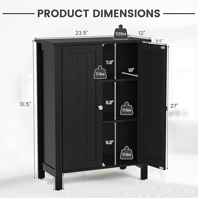 COSTWAY Bathroom Floor Cabinet - Freestanding Side Storage Organizer with Double Doors & Adjustable Shelf, Wooden Storage Cabinet for Living Room, Bedroom, Kitchen, Entryway (Black)