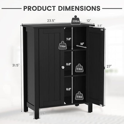 COSTWAY Bathroom Floor Cabinet - Freestanding Side Storage Organizer with Double Doors & Adjustable Shelf, Wooden Storage Cabinet for Living Room, Bedroom, Kitchen, Entryway (Black)