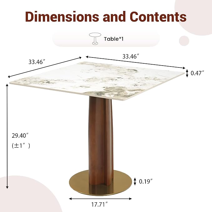 Sintered Stone Square Office Table - Meeting Desk for Small Offices (Walnut‌ Leg and Pandora Top, 1 Table Only)
