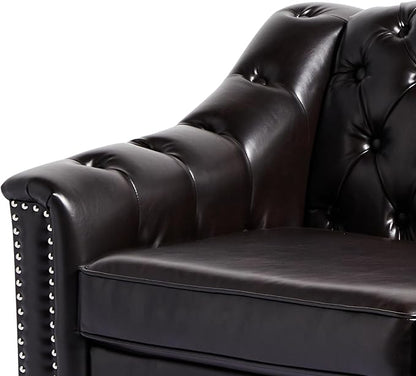 LEVNARY Chesterfield Loveseat Leather, Upholstered Sofa with Button-Tufted Back, Mid-Century Modern Sofa with Solid Wood Legs, 2 Seater Couches for Living Room (Brown)