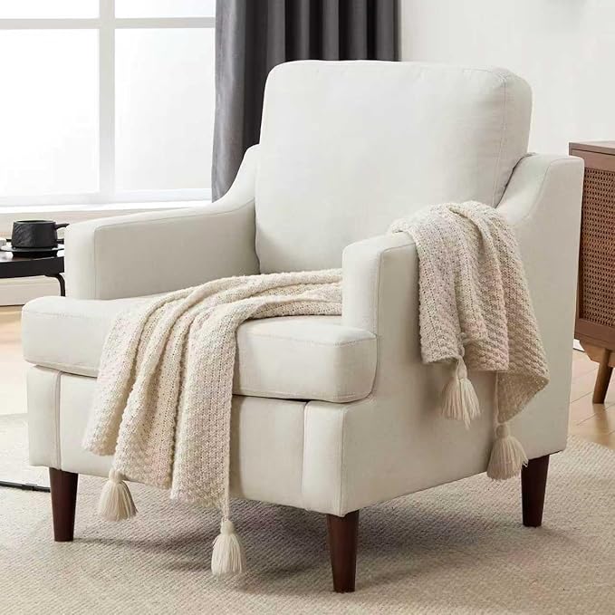 Mid-Century Accent Chair Modern Linen Fabric Armchair for Living Room,Deep Seat Comfy Upholstered Reading Chairs for Bedroom,Single Sofa Chair with Wood Legs (Linen Beige, Set of 2)