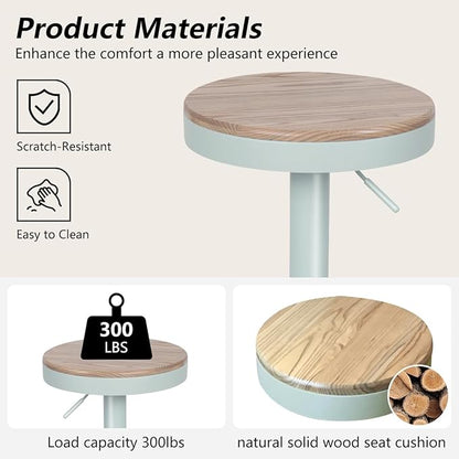 Kidol & Shellder Bar Stools Set of 4 Round Adjustable Swivel Barstools Modern Backless Bar Chairs Wooden Seat Counter Height Stools Armless for Kitchen Island, Cafe, Dining Room (Mint Green)