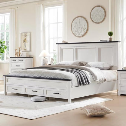 ACCOHOHO Farmhouse King Size Bed Frame with 52" Tall Headboard, Wood Platform Bedframe with Footboard and Storage Drawers, No Squeak, No Box Spring Needed, Off White