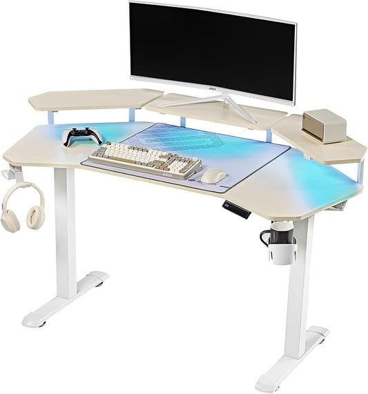 EUREKA ERGONOMIC Aero 55 Inch W Shaped Electric Standing Desk, Height Adjustable Computer Gaming Desk with LED Monitor Shelf, Mouse Pad, Headphone Hook, Cup Holder, Natural Maple