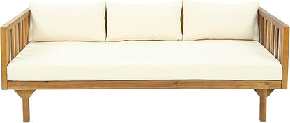 Christopher Knight Home Claremont Outdoor 3 Seater Acacia Wood Daybed with Fabric Water Resistant and Removable Cushions, Patio Garden Poolside Sofa with Slat Paneling Armrest and Back, Teak and Beige