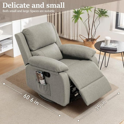 Recliner Chair, 360 Swivel Rocker Chair for Adults, Small Rocking Recliner Chair for Small Spaces, Upholstered Fabric Glider Recliner Nursery Chair with Side Pockets for Living Room, Nursery