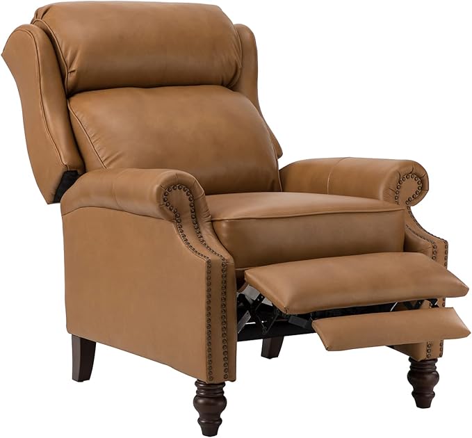 HULALA HOME Genuine Leather Recliner Chair, Traditional Manual Pushback Comfy Seating for Living Room, Thick Cushion & Solid Wood Legs, Wingback Recliner with Nailhead Trim, Camel
