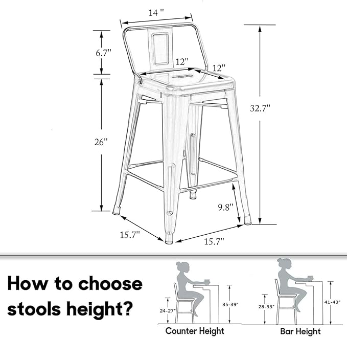 HAOBO Home 26" Low Back Metal Counter Stool Height Bar Stools [Set of 4] Barstools, Silver