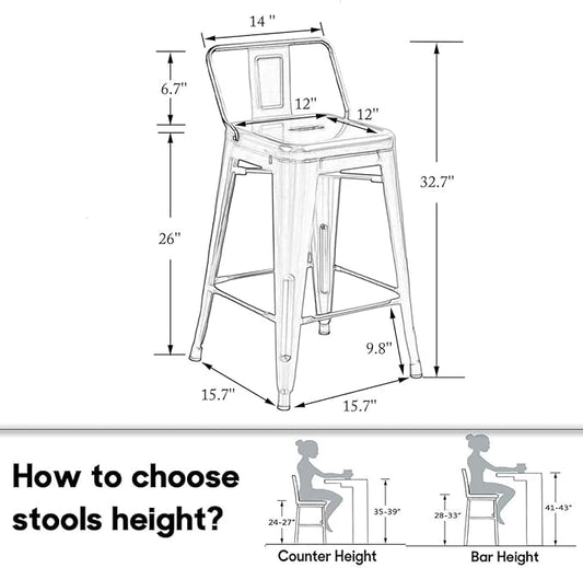 HAOBO Home Metal Bar Stools Set of 2 Low Back Counter Height Barstools 26" Industrial Barstool Patio Stool Metal Kitchen Stools Bar Chairs for Indoor Outdoor