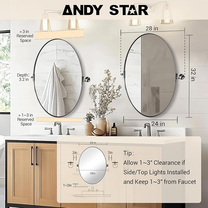ANDY STAR Oval Bathroom Mirror, 24" x 32" Chrome Stainless Steel Metal Frame Vanity Mirror for Over Sink with Adjustable Tilting Design, Pivoting Mirror for Modern Wall Decor