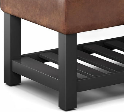 SIMPLIHOME Cosmopolitan 44 inch Wide Transitional Rectangle Storage Ottoman Bench with Open Bottom in Distressed Saddle Brown Vegan Faux Leather, Assembled for the Living Room and Bedroom