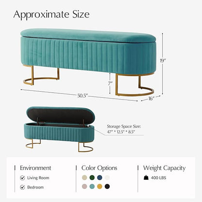 EcoHarbor Living 50.5" Storage Bench Hallway Ottoman,Upholstered End of Bed Bench Velvet with Gold Legs,Flipping Lid Entryway Footrest