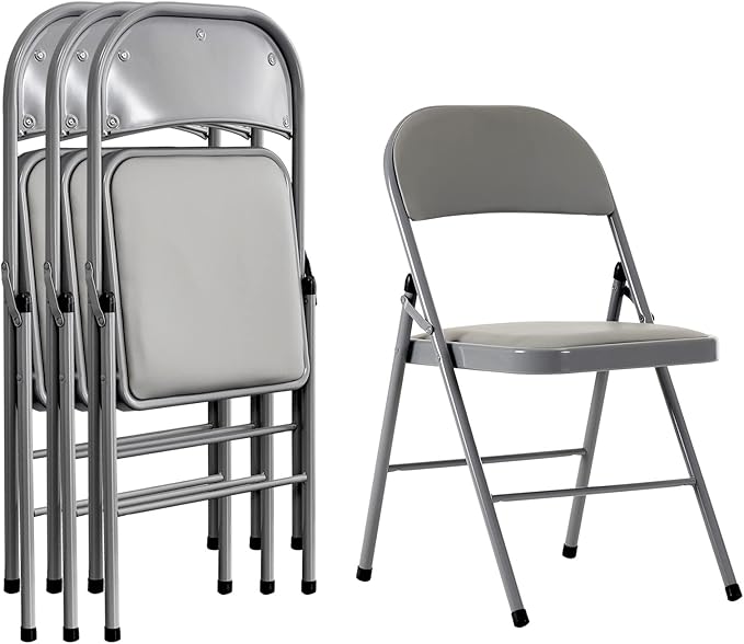 4PCS Elegant Folding Metal Chairs with Padded Seats,Potable Iron & PVC Durable Chairs for Convention & Exhibition Easy to take fit for Any Occasions 330lbs Capacity (Grey, 4 PCS)