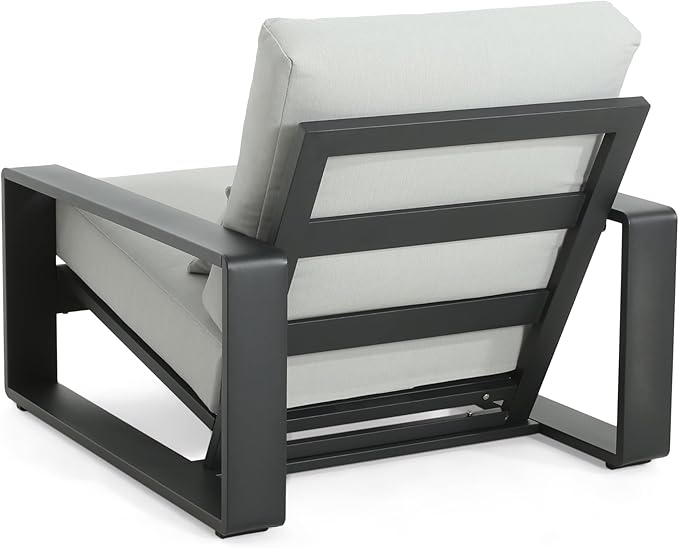Christopher Knight Home Aspen Outdoor Aluminum Club Chair, Durable Aluminum Lounge Chair, Armchair with Cushions, Metal Accent Chair, Tilt Backrest Recliner for Backyard, Garden, Balcony, Black+Grey