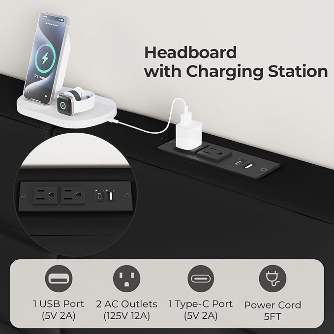Full/Queen Size Upholstered Velvet Headboard, Adjustable Head Boards with LED Light & Charging Station, Bed Headboard Only, Attach Frame, Study & Comfortable, Ideal for Bedroom, Dorm, Black