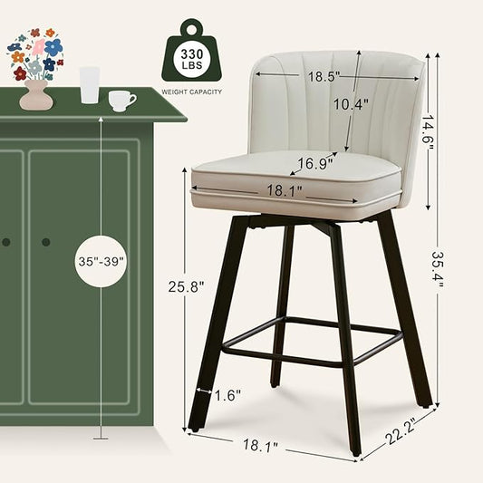 Swivel Counter Height Bar Stools Set of 2, 26'' Modern Barstools with Backs and Metal Legs, Upholstered Bar Chairs, Faux Leather White Stools for Kitchen Island Chairs