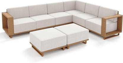 L Shaped Patio Furniture,Outdoor Rattan Wicker Sectional Sofa with 10''Ultra-Thick Cushions,All Weather Patio Conversation Set for Lawn Garden Backyard,Beige