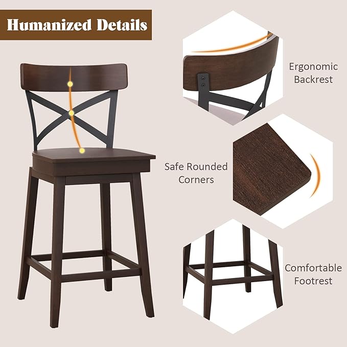 COSTWAY Swivel Bar Stool Set of 2, 24 Inch Ergonomic Counter Height Chairs with Open X Back & Footrest, 2PCS Vintage Wooden Barstools for Kitchen Island, Pub, Bistro, Café, Brown (2, 24 inch)