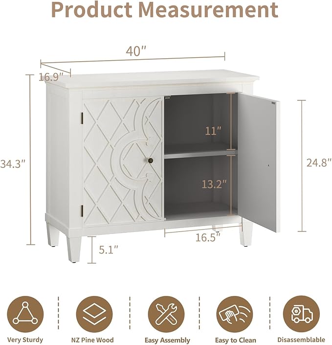 40" Coffee Bar Cabinet with Shelf, Craft Storage Cabinet with Doors, Wood Cabinet, Charming Carved Motif, Entry Way Cabinet with Storage, Sideboard Buffet for Living Room, Kitchen, Distressed White
