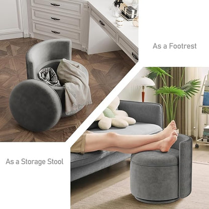 360° Swivel Accent Chair with Storage, Vanity Stool with Back, Velvet Storage Ottoman, Upholstered Round Barrel Vanity Chair for Living Room, Makeup Room, Bedroom (Gray)