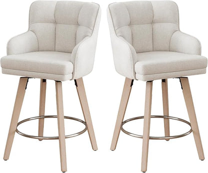 360°Swivel Counter Height Bar Stools with Back, 26 inch Solid Wood Legs, Bar Stool Modern Kitchen Island Chairs, Fabric (Beige- Fabric, 26" H- Set of 2)