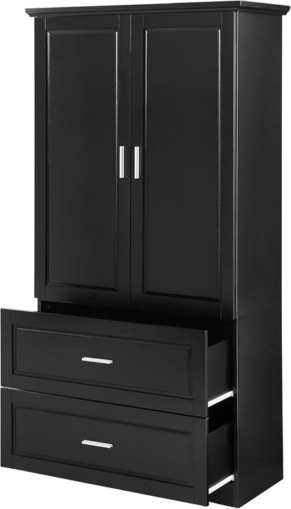 Tall Storage Cabinet, Bathroom Floor Freestanding Storage Cabinet with 2 Doors and 2 Drawers for Bathroom, Office, Living Room, Black