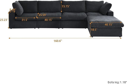 Cloud Couch Modular Sectional Sofa with Storage Ottoman,160.6" L Shaped Couch for Living Room,Down Filled 5 Seater Black Convertible Sectional Sofas,Covers Washable&Replaceable