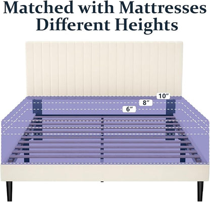 Queen Size Platform Bed Frame with Velvet Upholstered Headboard, Queen Bed Frame with Strong Wood Slats, Box Spring Optional, Mattress Foundation, Easy Assembly Beige